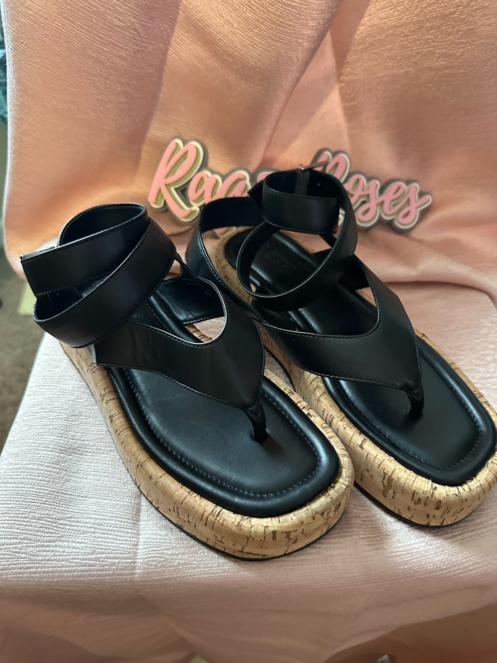 NWDB! SCHUTZ Women's Black Cork Platform Thong Sandals with Ankle Strap.